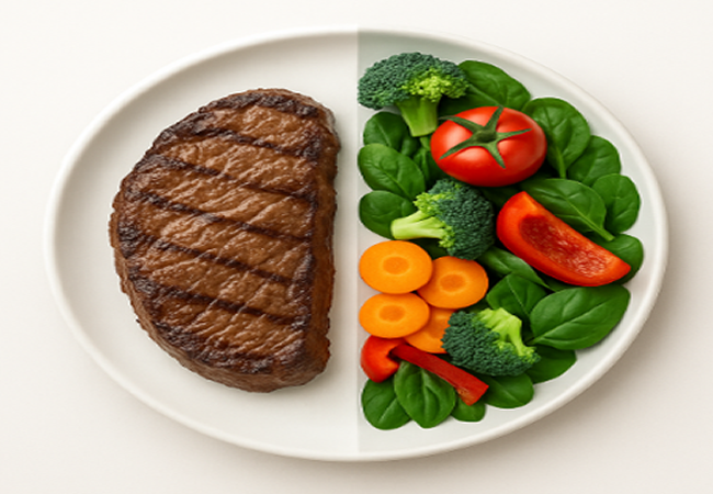 Beneficios de dejar la carne Plato dividido en dos mitades: carne cocida y vegetales frescos coloridos, representando los beneficios de dejar la carne