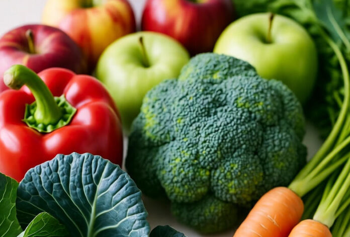 beneficios dieta basada en plantas vegayvege Frutas y verduras frescas sobre fondo claro – alimentación basada en plantas