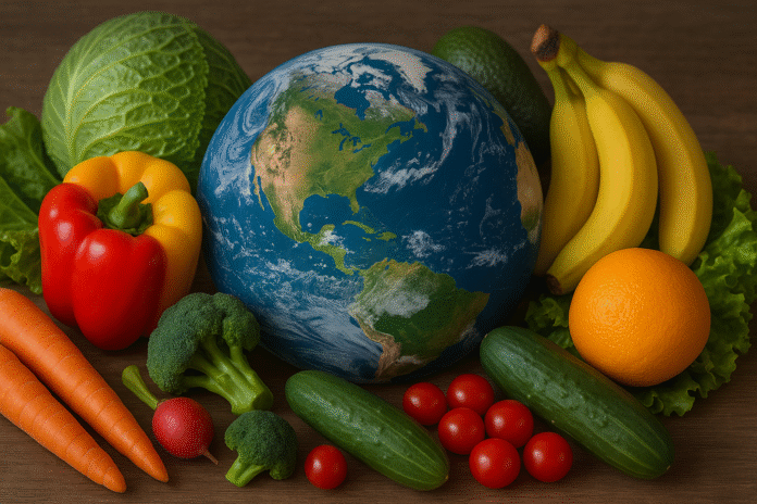 Dieta basada en plantas salva vidas Mesa con frutas, verduras, legumbres y granos integrales representando una dieta basada en plantas saludable y sostenible – VegayVege.com